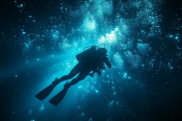 Diver exploring underwater at night, illuminating the depths with bubbles and a mysterious blue light in the ocean