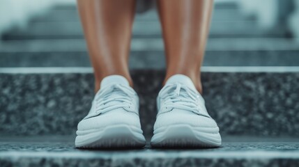 A close-up photo of white sneakers worn by a person sitting on marble steps, showcasing the modern and clean design of the shoes, emphasizing sporty and casual fashion.