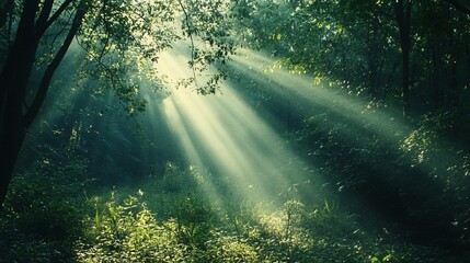 Wall Mural - Sunbeams Filtering Through Dense Forest Canopy