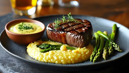 Wall Mural - Gourmet seared beef steak adorned with garlic butter, creamy polenta, and vibrant fresh asparagus