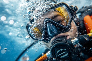 Diver exploring underwater world capturing bubbles and marine life in clear ocean waters during a daytime adventure