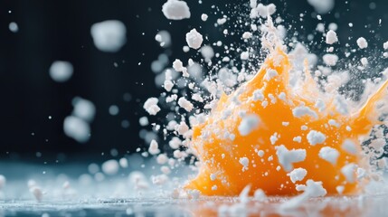 Energetic capture of an orange splash with white particles suspended in air, set against a blue backdrop, showcasing the dynamics of liquid motion in vibrant detail.