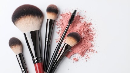 Artistic still life of makeup brushes with scattered blush powder, dynamic composition, vibrant colors, beauty and fashion concept, editorial-style shot