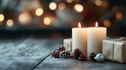 Two lit candles accompany wrapped gifts, pine cones, and a small ornament on a wooden table, evoking a warm and festive holiday atmosphere with blurred lights in background.