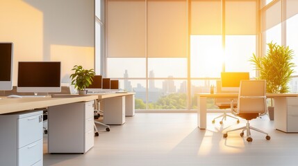 Canvas Print - Modern Office with City View and Sunlight.