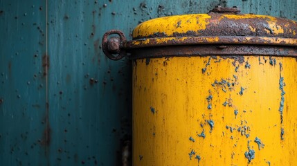 This close-up shot focuses on an old yellow metal container, displaying intricate rusty surface details against a teal background, capturing the essence of aging urban objects.