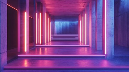 Poster - Neon Lights in Concrete Hallway