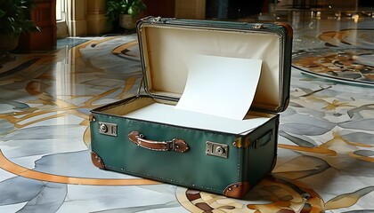 Vintage silver suitcase with empty paper inside, set in a Victorian hotel lobby, showcased in a soft watercolor palette of dark emerald and light gray