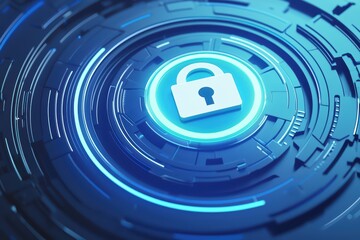 Poster - A digital lock symbol in a futuristic blue circuit background, representing security and data protection.