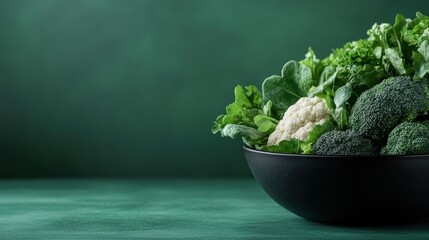 A black bowl brimming with fresh green leafy vegetables, including broccoli, cauliflower, and lettuce, set against a green background, epitomizing healthy and organic produce.