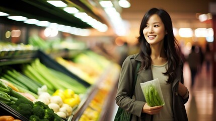 A graceful woman shopping in a brightly lit grocery store, holding fresh produce with a cheerful smile that captures the essence of healthy living and happiness.