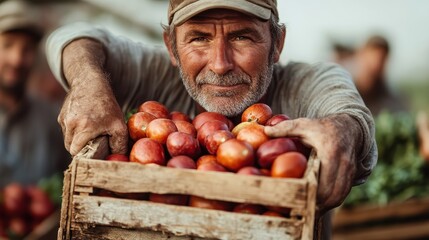 An agricultural worker is captured carrying a crate packed with fresh, firm tomatoes, set in an open-air market or farm setting, signifying dedication and hard work.