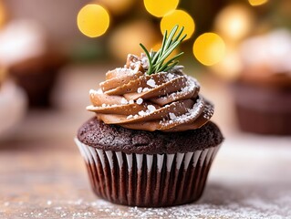 Wall Mural - Delicious Chocolate Cupcake with Rosemary and Sugar.