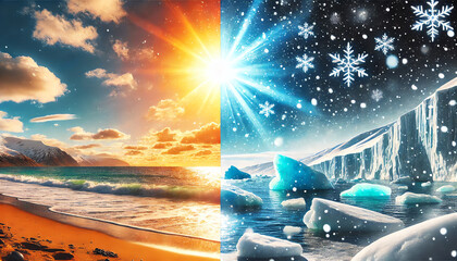 Wall Mural - A surreal scene on a beach where a sunny beach environment is juxtaposed with an arctic landscape