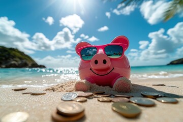 Pink piggy bank wearing sunglasses on a beach with coins.