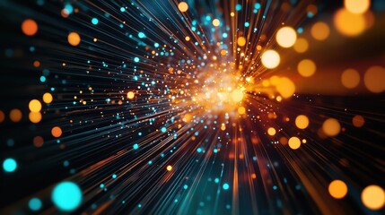 Poster - Vibrant abstract background with glowing particles and light rays, creating a sense of depth and motion in a digital universe.
