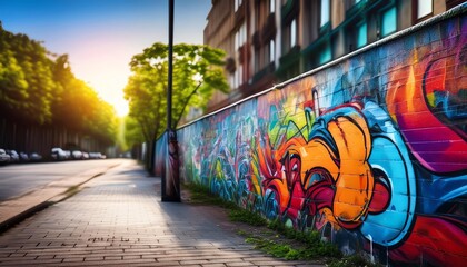 Wall Mural - A vibrant mural adorns the urban wall, blending artistic expression with a serene street scene bathed in warm sunlight.