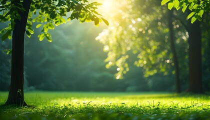 Sticker - Sunlit Park Scene with Green Grass and Forest Background for Product Display Presentation