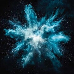 Fototapete - In a striking display, blue particles burst dynamically against a black canvas, scattering in all directions and leaving glowing trails, creating a dazzling spectacle of energy.