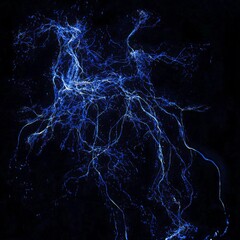 Fototapete - A stunning array of blue particles erupts into a bright display, scattering in multiple directions, leaving glowing trails that create a radiant spectacle in the darkness.