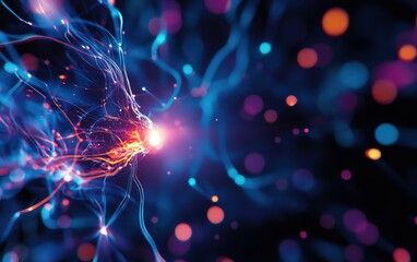 Poster - Vibrant abstract neural connections with glowing particles on a dark background, representing energy and technology.