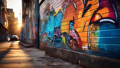 Wall Mural - A vibrant alleyway adorned with colorful graffiti, illuminated by the warm glow of sunset, creating an urban, artistic atmosphere.