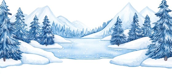 Winter landscape with snow-covered trees and a serene lake under a blue sky.