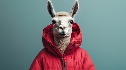 Wall Mural - surreal portrait of a fashionable llama in minimalist studio setting with copy space