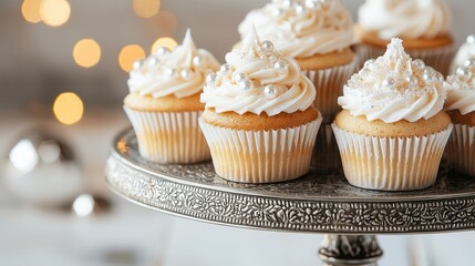 Wall Mural - Elegant Pearl-Topped Cupcakes on Silver Stand.