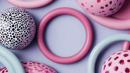 Aufkleber - An abstract scene featuring various spherical and ring-shaped objects in multiple colors, with a mix of dotted, striped, and plain designs, displayed on a soft purple background.