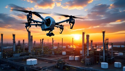 Wall Mural - Advanced aerial inspection technology showcasing drone surveillance over a refinery during a captivating sunset