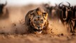 © JoxyAimages - Action shot of a fierce lion charging through dust with great energy, hot on the heels of a herd of wildebeests fleeing for their lives, showcasing raw wild nature.