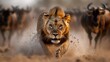 © JoxyAimages - A determined lion is captured mid-sprint, centered in the frame while chasing a herd of wildebeests across a dusty plain, depicting the raw energy of the hunt.