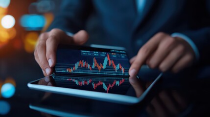 Poster - Businessman analyzing stock market trends on tablet, financial data visualization in focus.