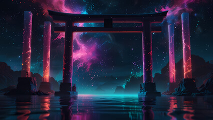 floating Torii gate in the center of a surreal, dreamlike space, with bright neon colors and fluid, water-like textures flowing around it