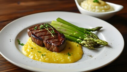 Wall Mural - Gourmet seared beef steak topped with garlic butter, served alongside creamy polenta and vibrant fresh asparagus for a sophisticated dining experience