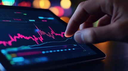 Poster - Close-up of a hand interacting with a tablet displaying financial data and graphs against a blurred background.