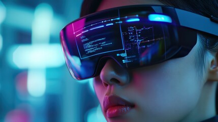 Poster - Close-up of a woman wearing futuristic augmented reality glasses in a vibrant, tech-inspired environment.