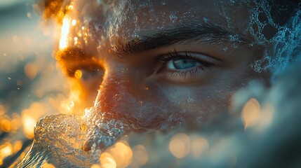 Wall Mural - Close-up of a man's eye with water droplets and golden bokeh.