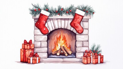 Wall Mural - Cozy fireplace adorned with Christmas stockings and festive gifts, perfect for holiday decor.