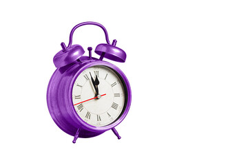 Wall Mural - retro clock, pointer clock, purple color alarm clock on isolated white background close up