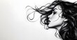 © Maryna - Black and white illustration of a woman's profile with her hair flowing as if caught by a gentle breeze. A sense of serene elegance and timeless grace, a subtle balance between strength and softness.