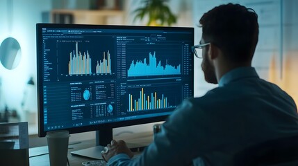 Poster - A Businessman Analyzing Financial Data on a Large Computer Monitor