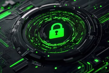 Poster - Green padlock icon on a digital circuit board background, symbolizing cybersecurity and data protection.