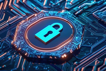 Poster - Lock symbol on a circuit board, representing digital security and protection in technology.