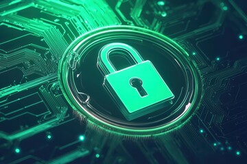 Poster - Lock symbol over digital circuit board, representing cyber security and data protection.