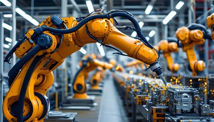 Wall Mural - Automated Precision: Robotic Arm Operating in a Modern Production Line of Advanced Manufacturing Technology