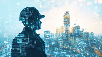 A high tech construction worker stands silhouetted against futuristic city skyline, showcasing blend of technology and urban development. image captures essence of innovation and progress in construct