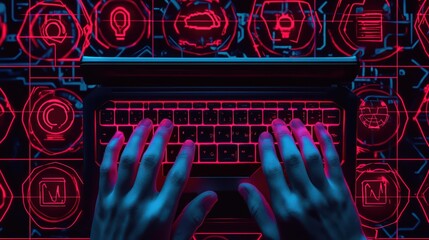 Poster - Person typing on a laptop with futuristic neon graphics, showcasing technology and digital innovation.