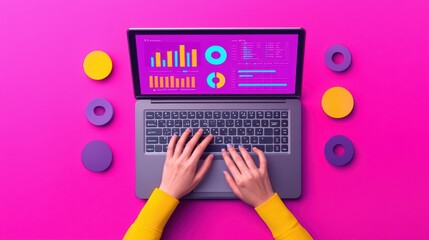 Poster - Person using laptop with colorful data visualization on pink background.